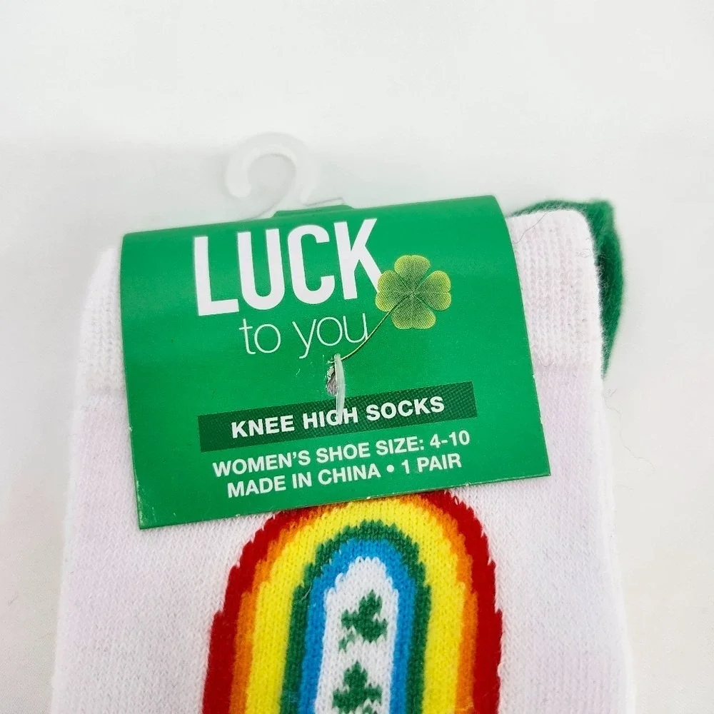 Luck To You NWT Kidcore Knee High Socks Size 4-10 Rainbow Four Leaf Clover AOP